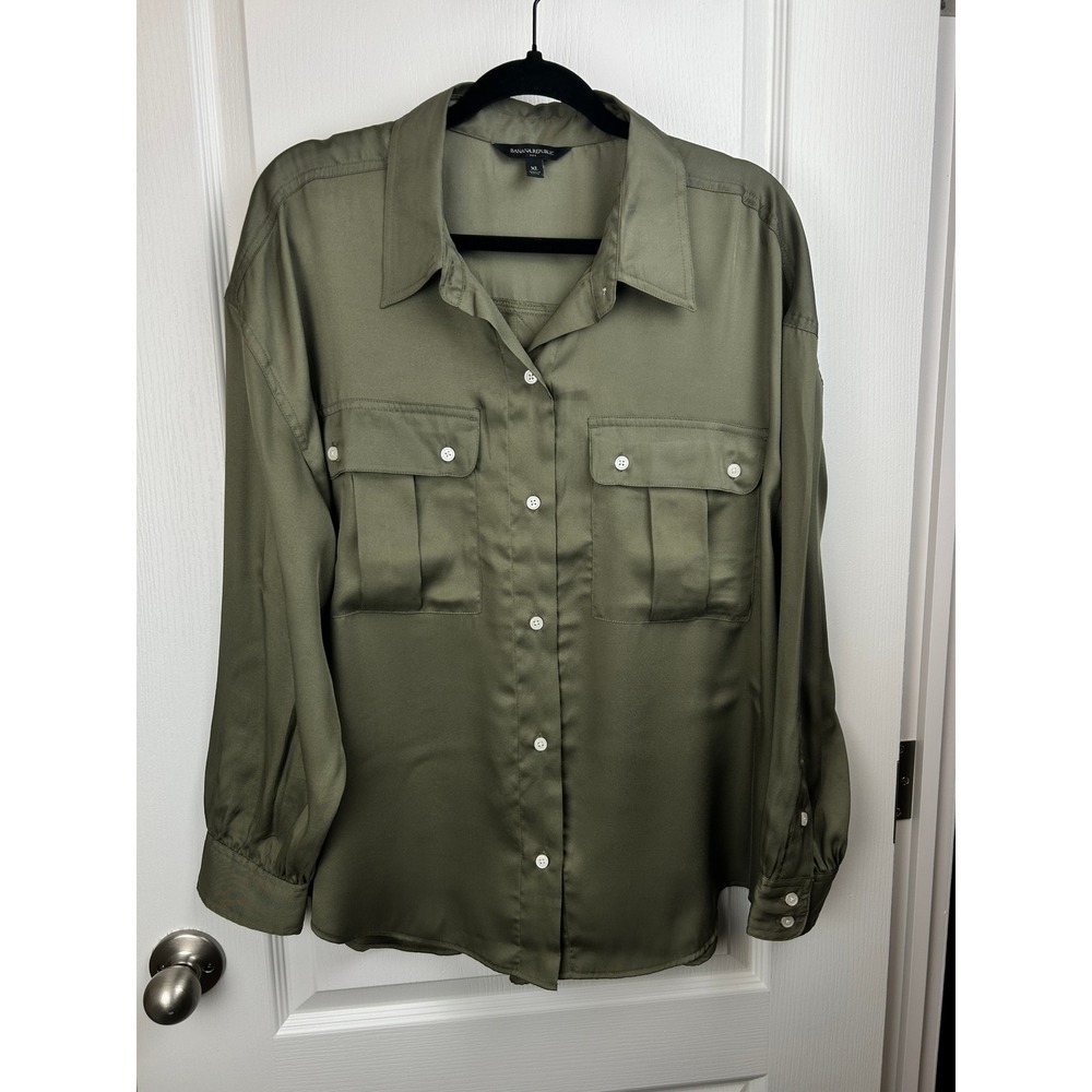 Banana Republic Olive Green Satin‎ Utility Button Down XL Long Sleeve Blouse